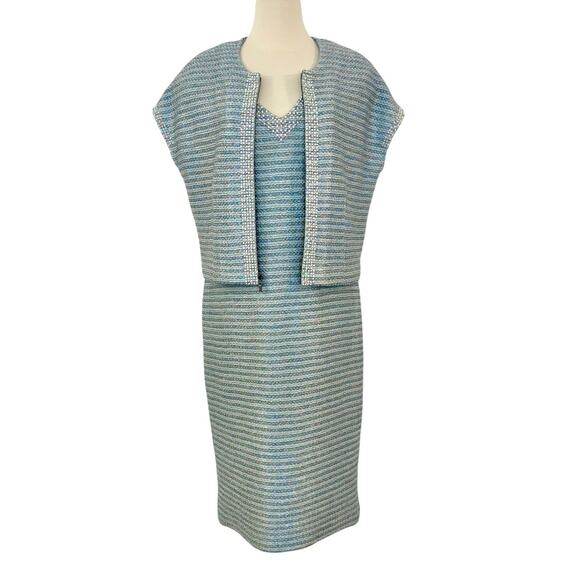 St. John Knit 2 Piece Set Striped Shimmery Embellished Dress and Cardigan 12 - Picture 1 of 15